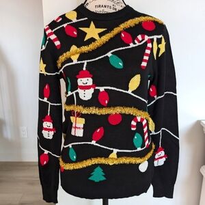 JOLLIDAYS | Juniors Unisex Black Knit Sting of Lights Christmas Sweater NWOT